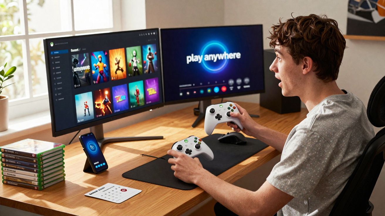 Jovem sentado em mesa usando dois controles Xbox e computador com jogos na tela em ambiente iluminado.