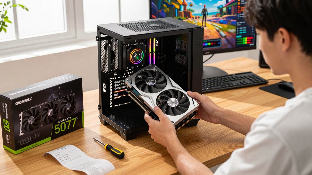 Pessoa instalando placa de vídeo GeForce RTX 5077 em gabinete aberto de computador na mesa.