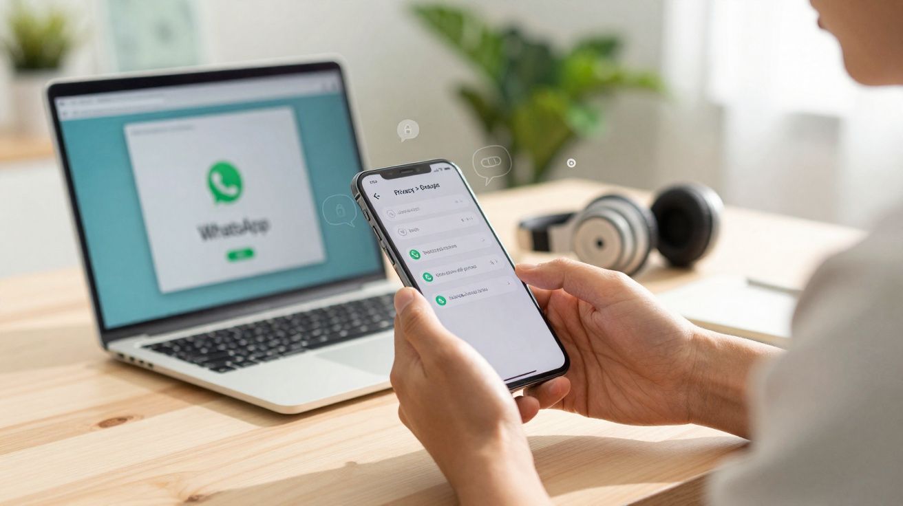 Pessoa usando smartphone com configurações do WhatsApp abertas ao lado de notebook também com WhatsApp na tela.