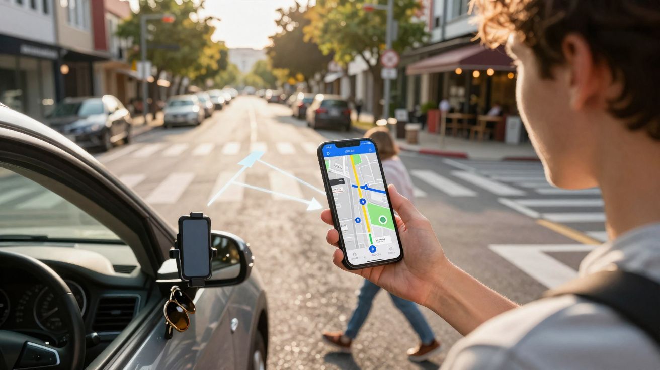 Pessoa segurando celular com app de mapa na rua enquanto carro estaciona e pedestre atravessa faixa.