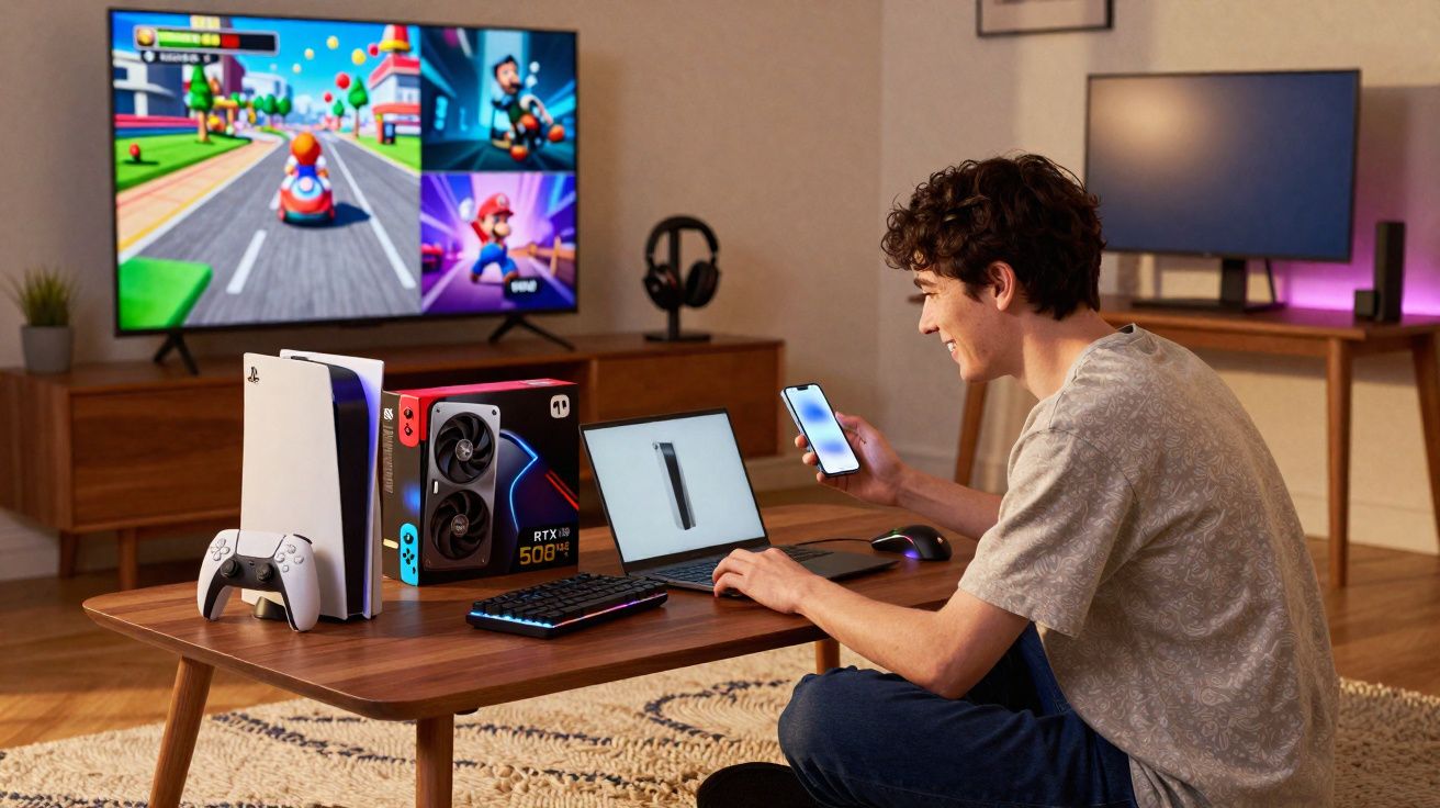 Jovem sentado no chão usando celular e laptop, com console, placa de vídeo e TV com jogo no fundo.