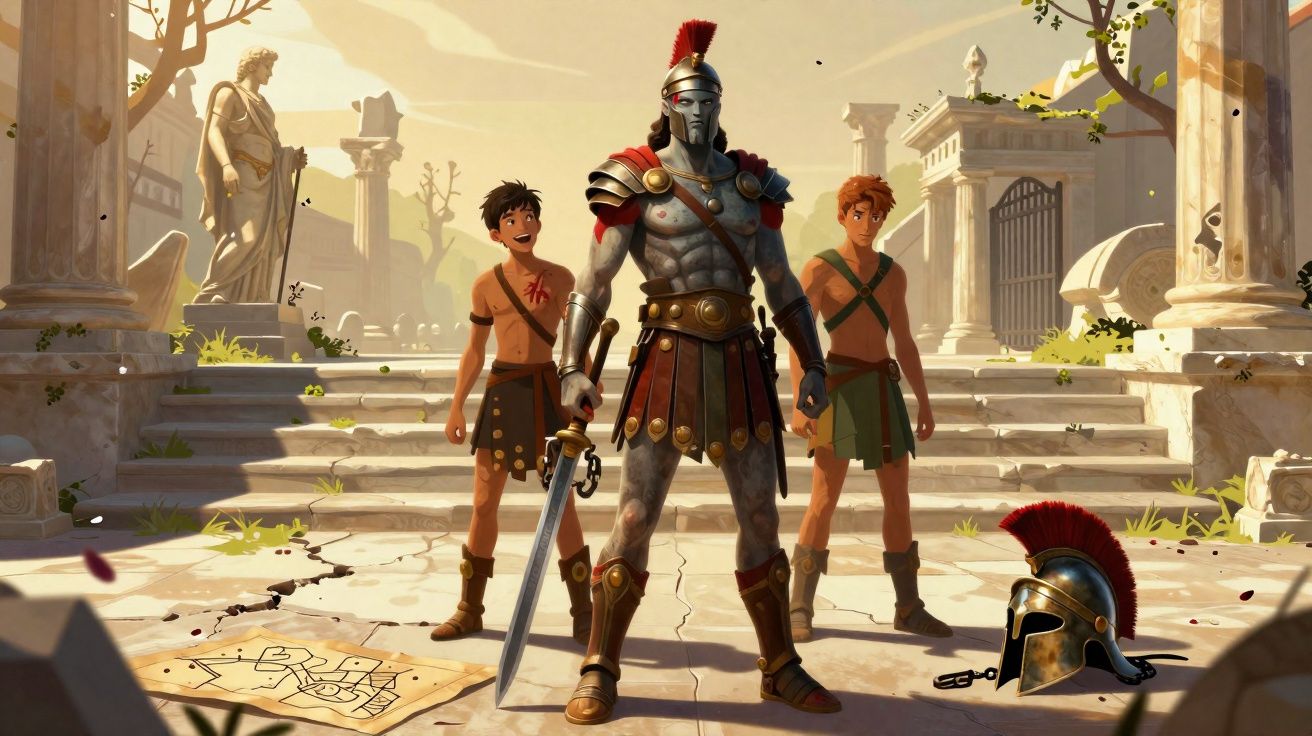 Cena animada com três jovens em traje grego antigo em um templo em ruínas ao entardecer.