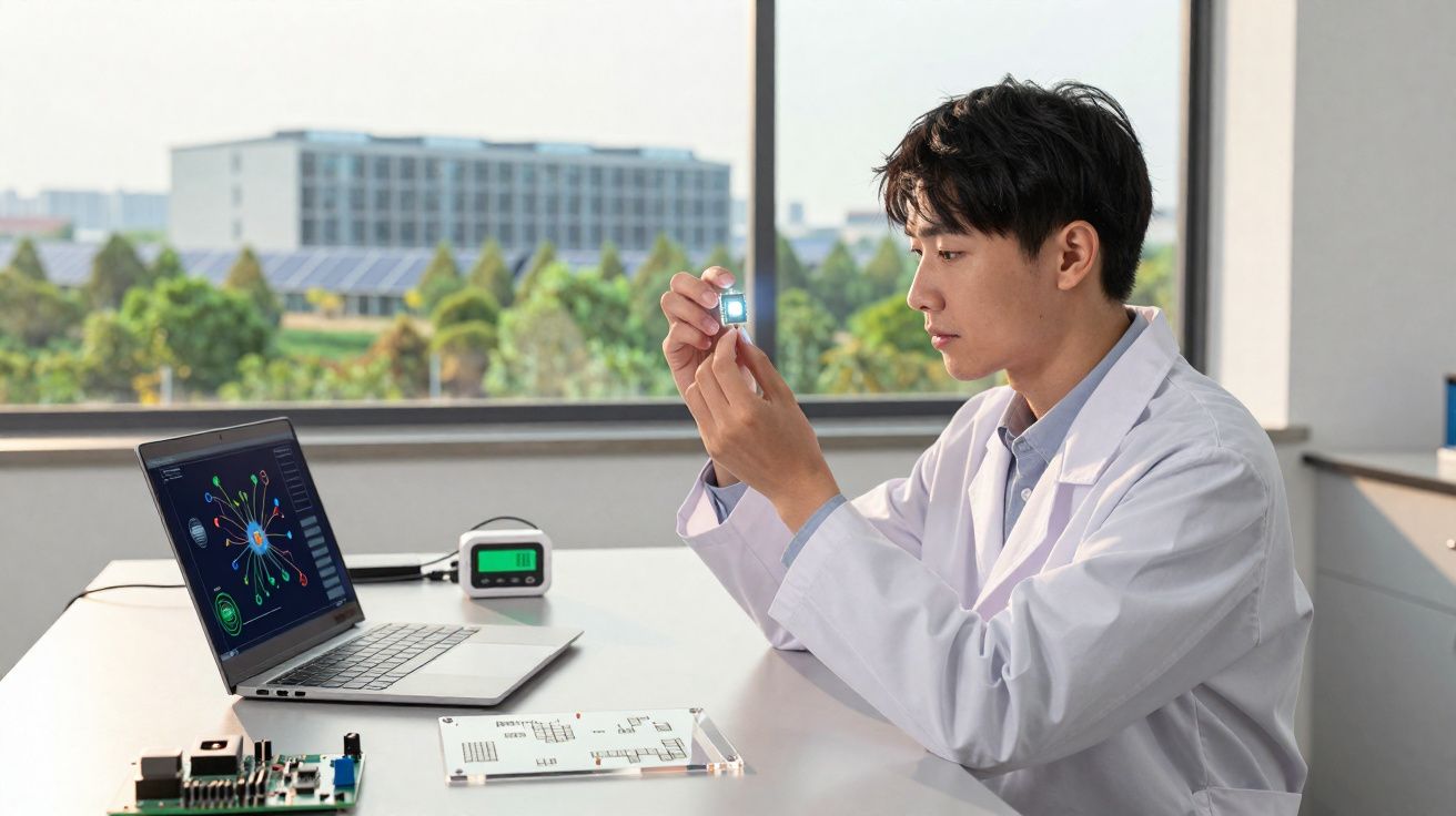 Pesquisador em laboratório analisando componente eletrônico pequeno perto de laptop com gráficos na tela.