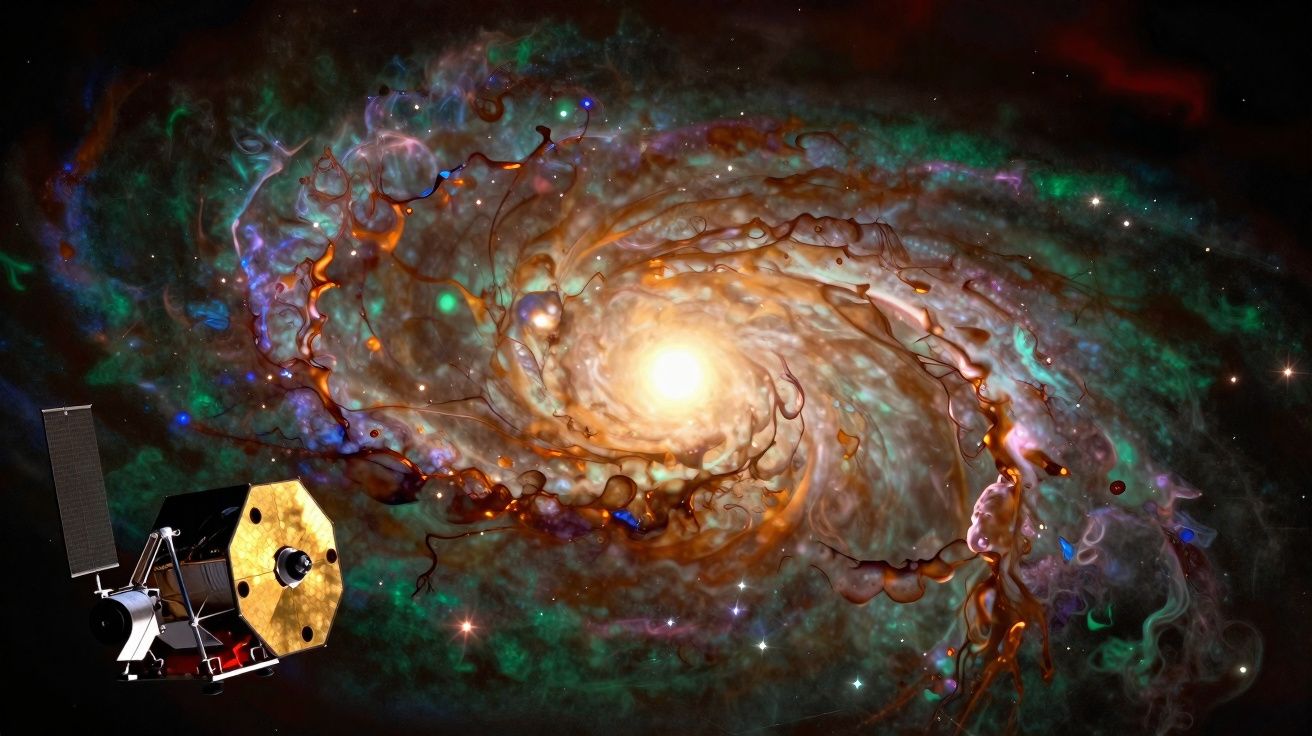 Nave espacial próxima a uma galáxia espiral colorida com núcleo brilhante no espaço estrelado.