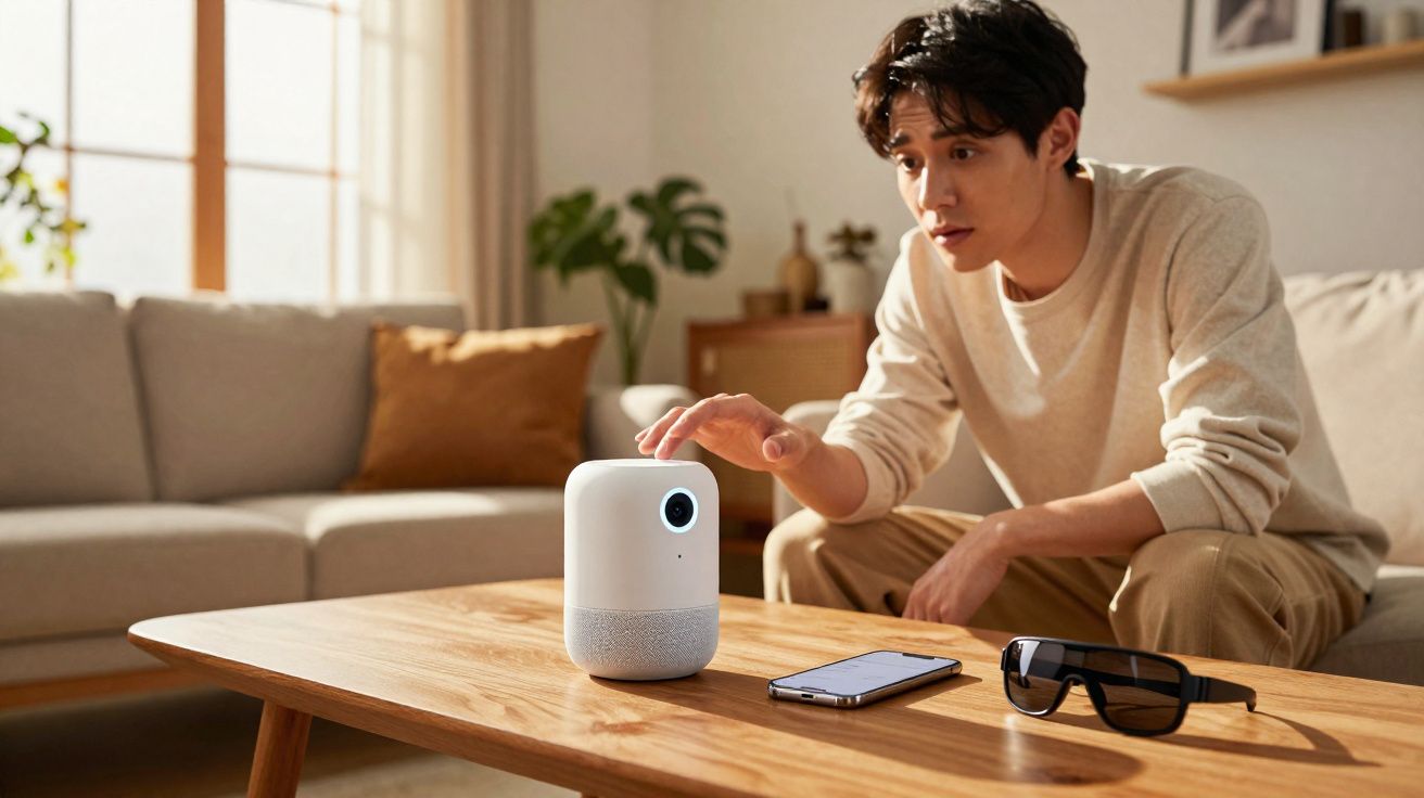 Homem interagindo com assistente virtual branca em mesa de madeira na sala de estar moderna.