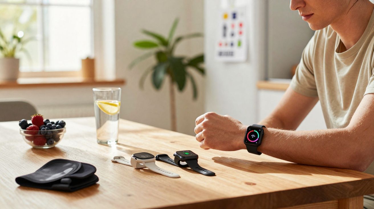 Pessoa vestindo relógio inteligente ao lado de três relógios sobre mesa de madeira clara.