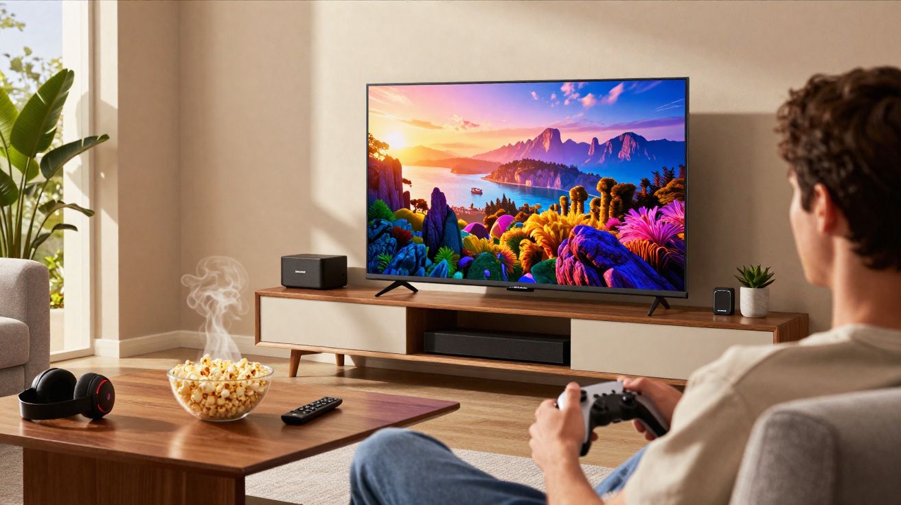 Jovem jogando videogame sentado no sofá em sala com televisão grande, pipoca e fone de ouvido.