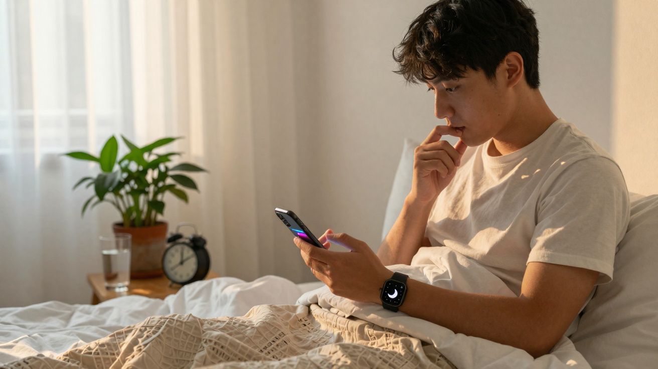 Jovem sentado na cama olhando o celular com expressão pensativa em quarto iluminado pela luz natural.