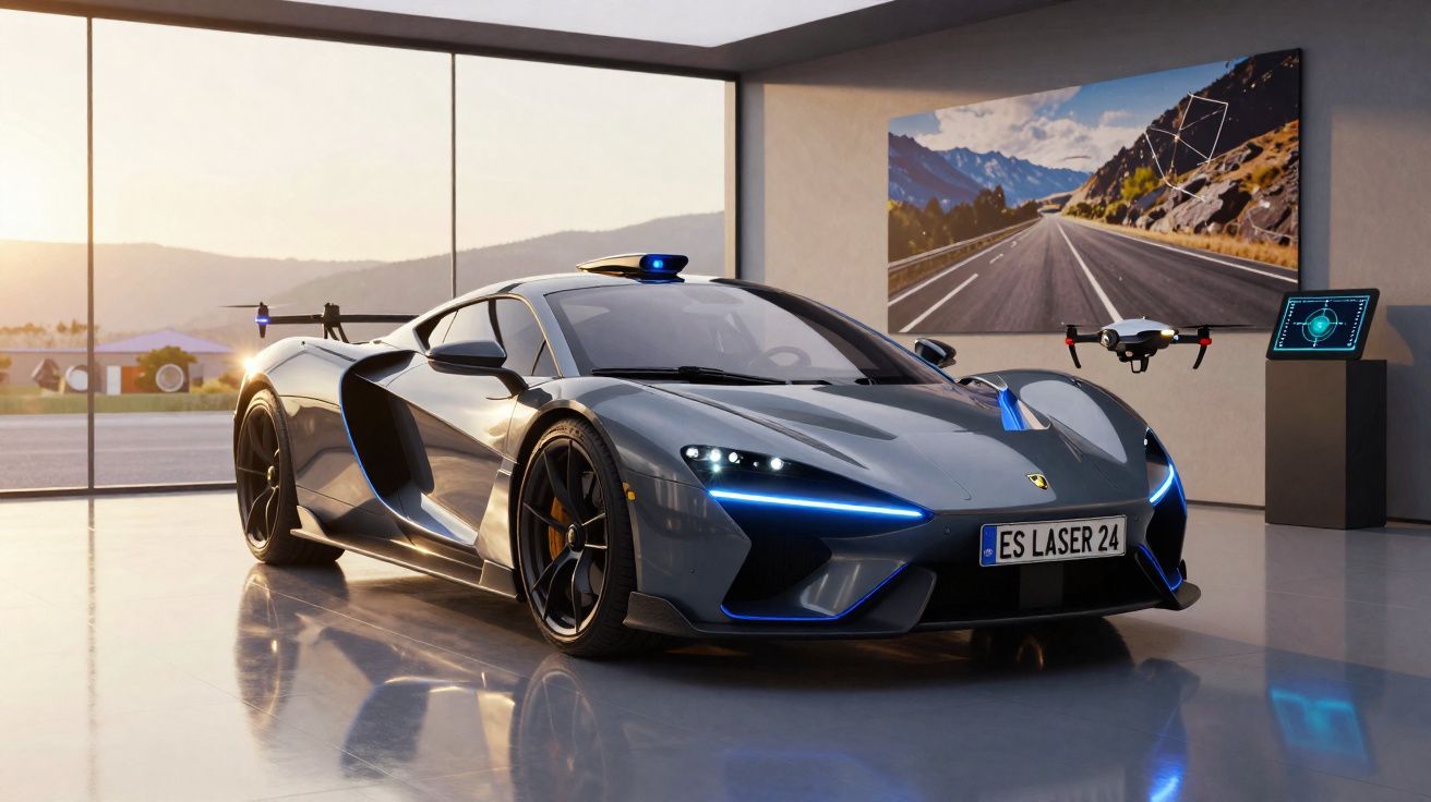 Carro esportivo futurista com drone voando ao lado em ambiente interno sofisticado com grandes janelas.