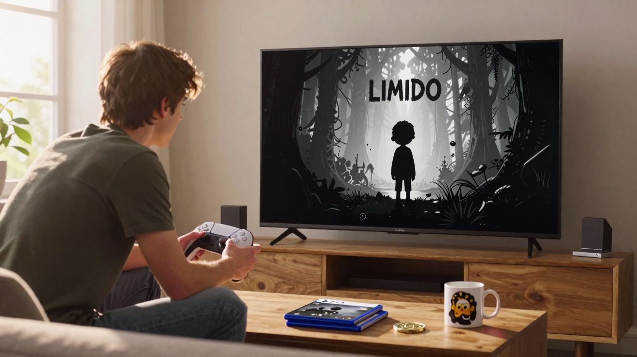 Jovem sentado no sofá jogando videogame Limido em uma TV de tela grande na sala moderna.