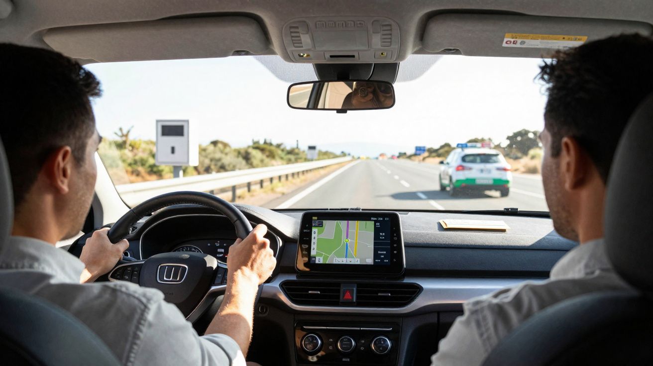 Dois homens dentro de um carro, um deles dirigindo em uma estrada com veículo à frente.