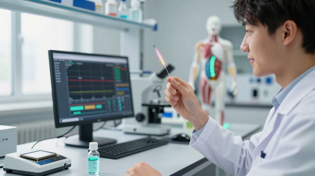 Cientista em laboratório segurando tubo de ensaio com equipamento e monitor no fundo.