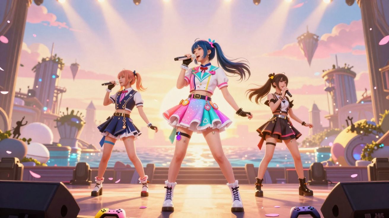 Três cantoras animadas com figurinos coloridos em palco futurista ao pôr do sol, segurando microfones.