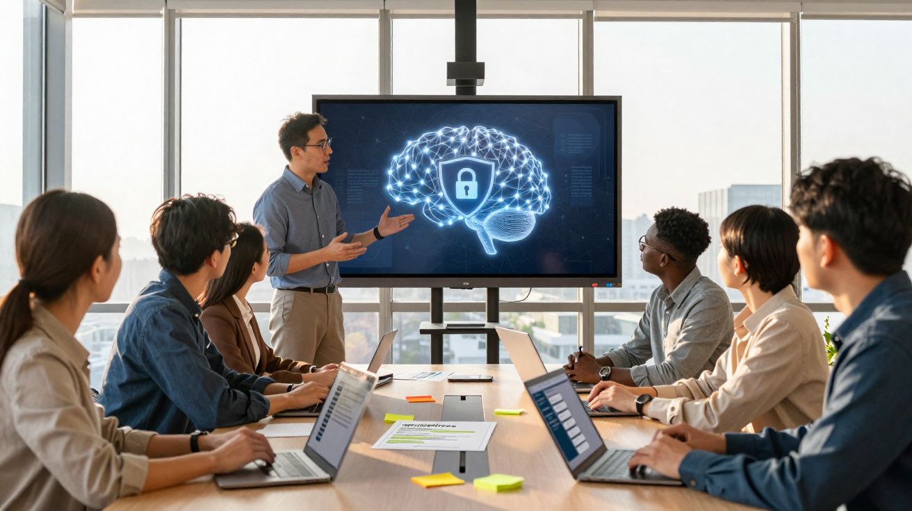 Pessoa apresentando dados sobre segurança cerebral para grupo sentado ao redor de mesa em sala clara com laptops.