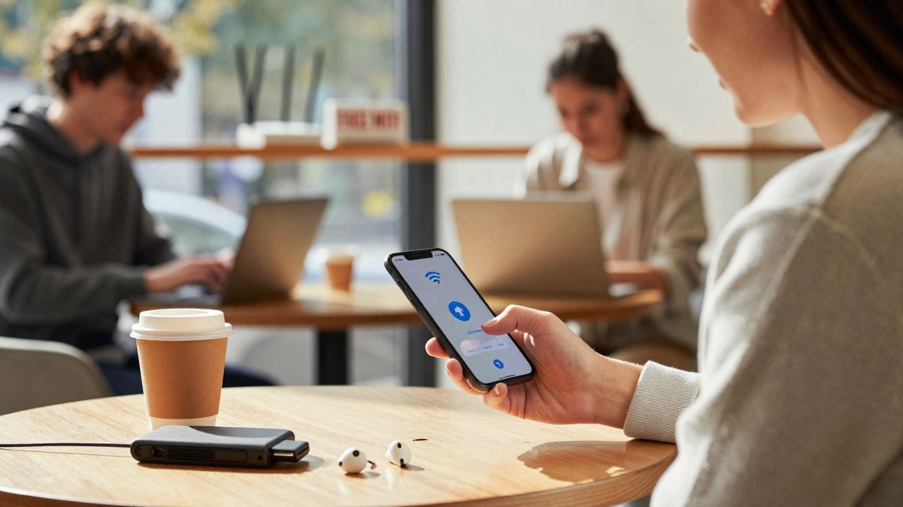 Pessoa usando celular em café com laptop e copo de café na mesa, duas pessoas ao fundo usando laptops.