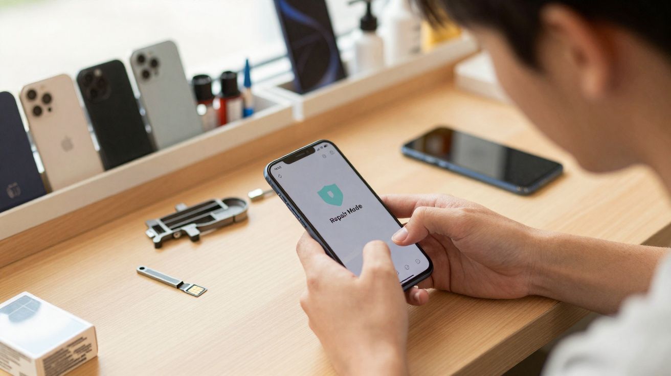 Pessoa utilizando smartphone com modo de reparo ativado em mesa com ferramentas e celulares.