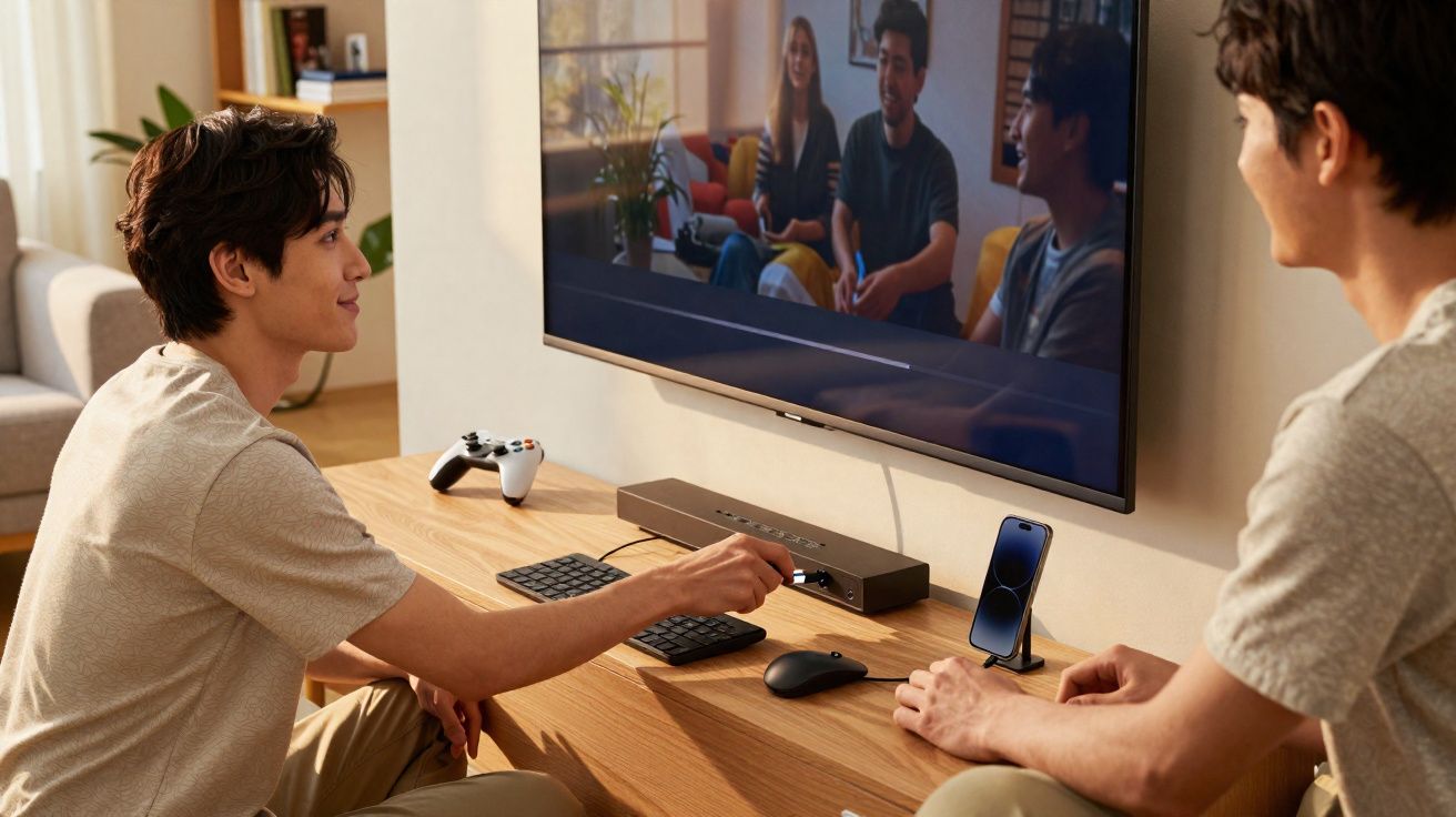 Duas pessoas ajustam controles eletrônicos em mesa diante de TV com imagens de amigos conversando.