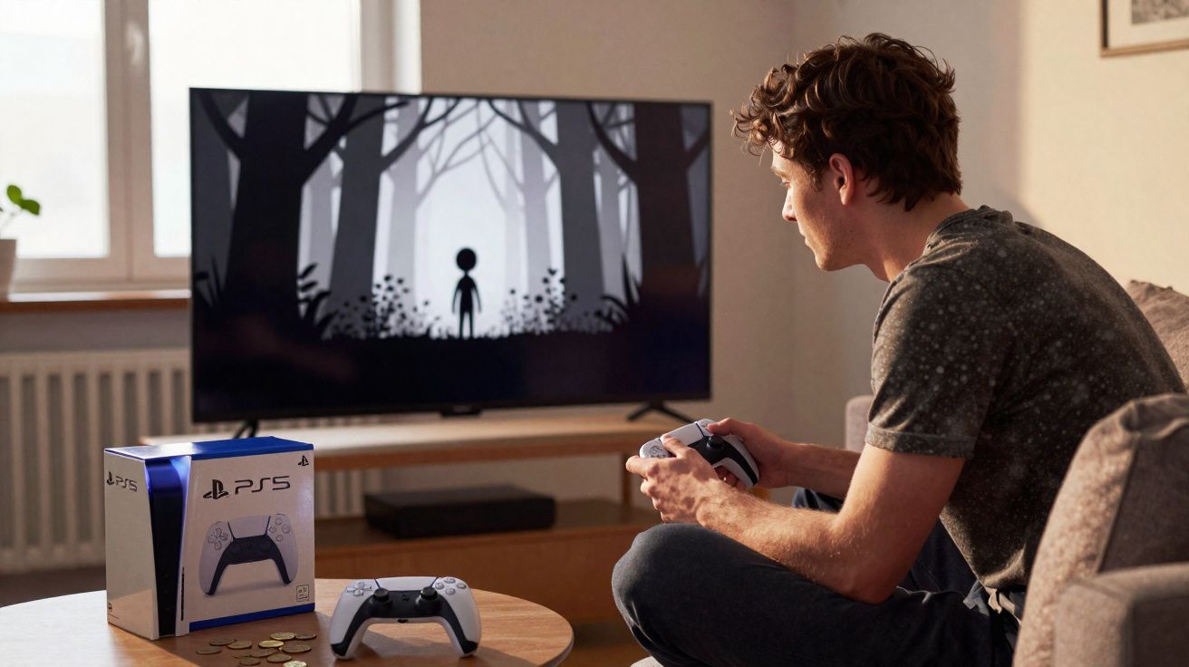 Jovem sentado no sofá jogando videogame PS5 com controle em mãos e TV mostrando jogo em preto e branco.