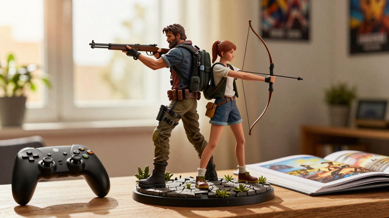 Estatuetas de personagens de videogame com armas, controle preto e livro aberto sobre mesa de madeira.