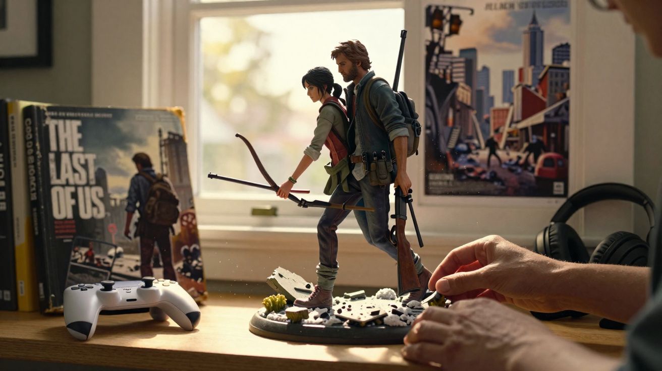 Estatuetas dos personagens do jogo The Last of Us em mesa com controle e mãos de pessoa ao lado.