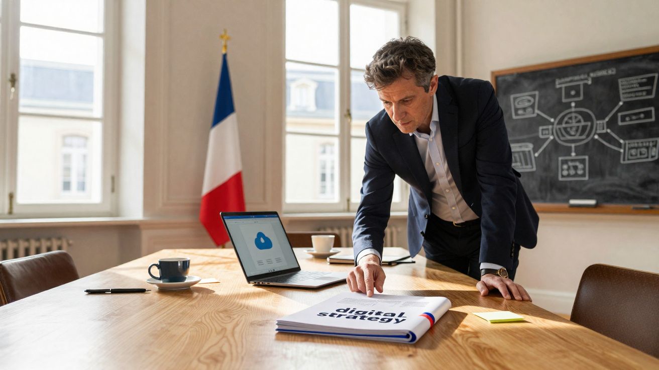 Homem em terno analisando documento de estratégia digital em sala com bandeira da França e laptop aberto.
