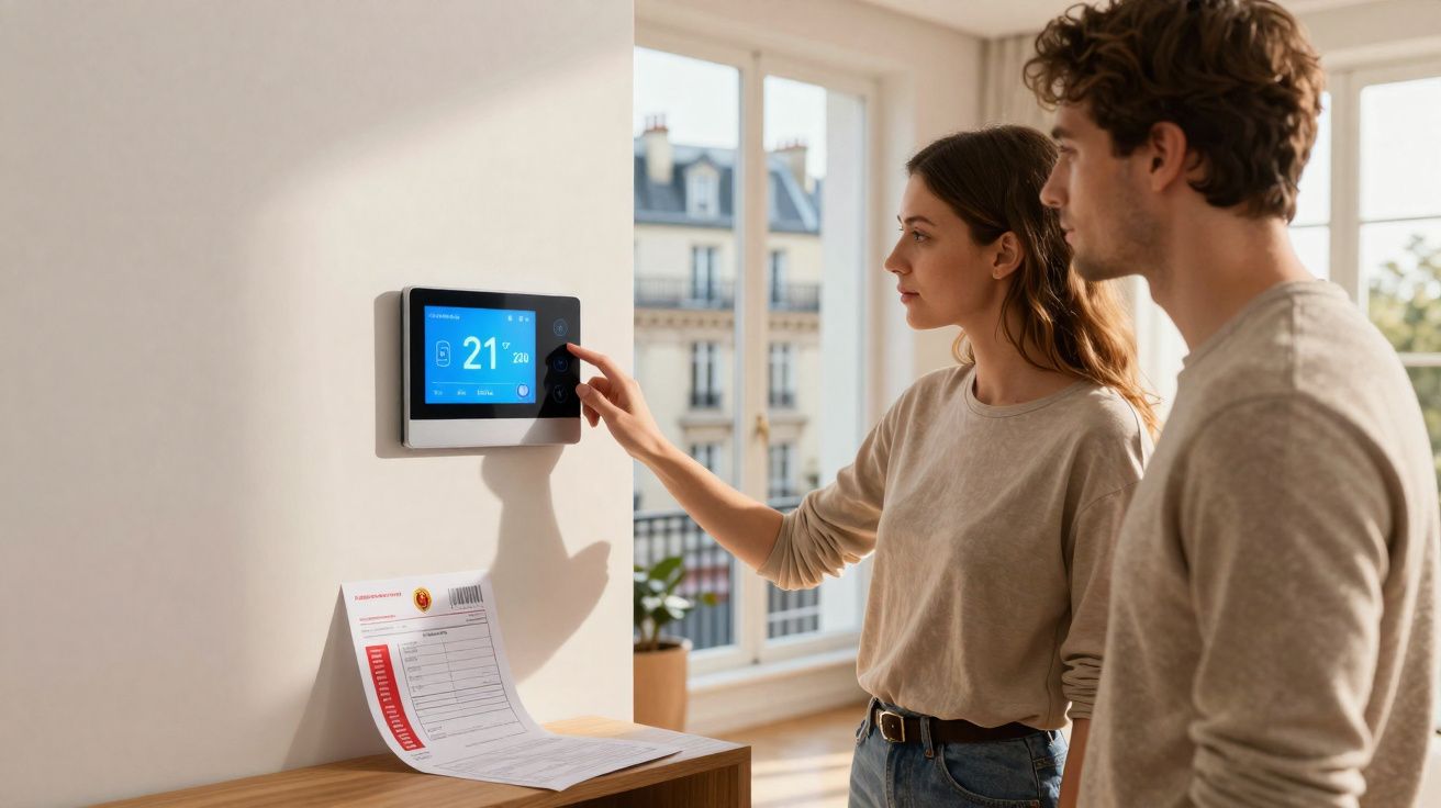 Casal ajusta termostato digital em parede dentro de apartamento iluminado por luz natural.