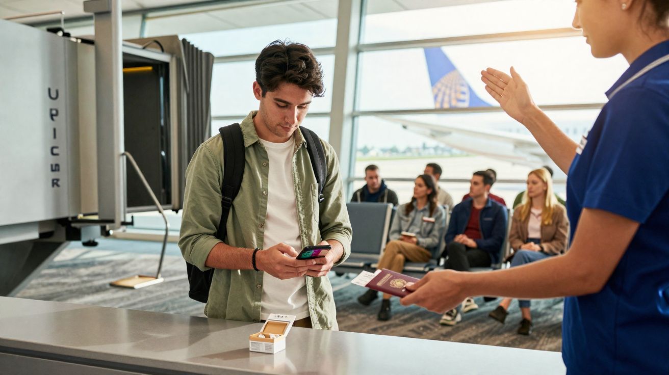 Jovem checa celular enquanto funcionário confere passaporte no balcão do aeroporto, com pessoas aguardando ao fundo.