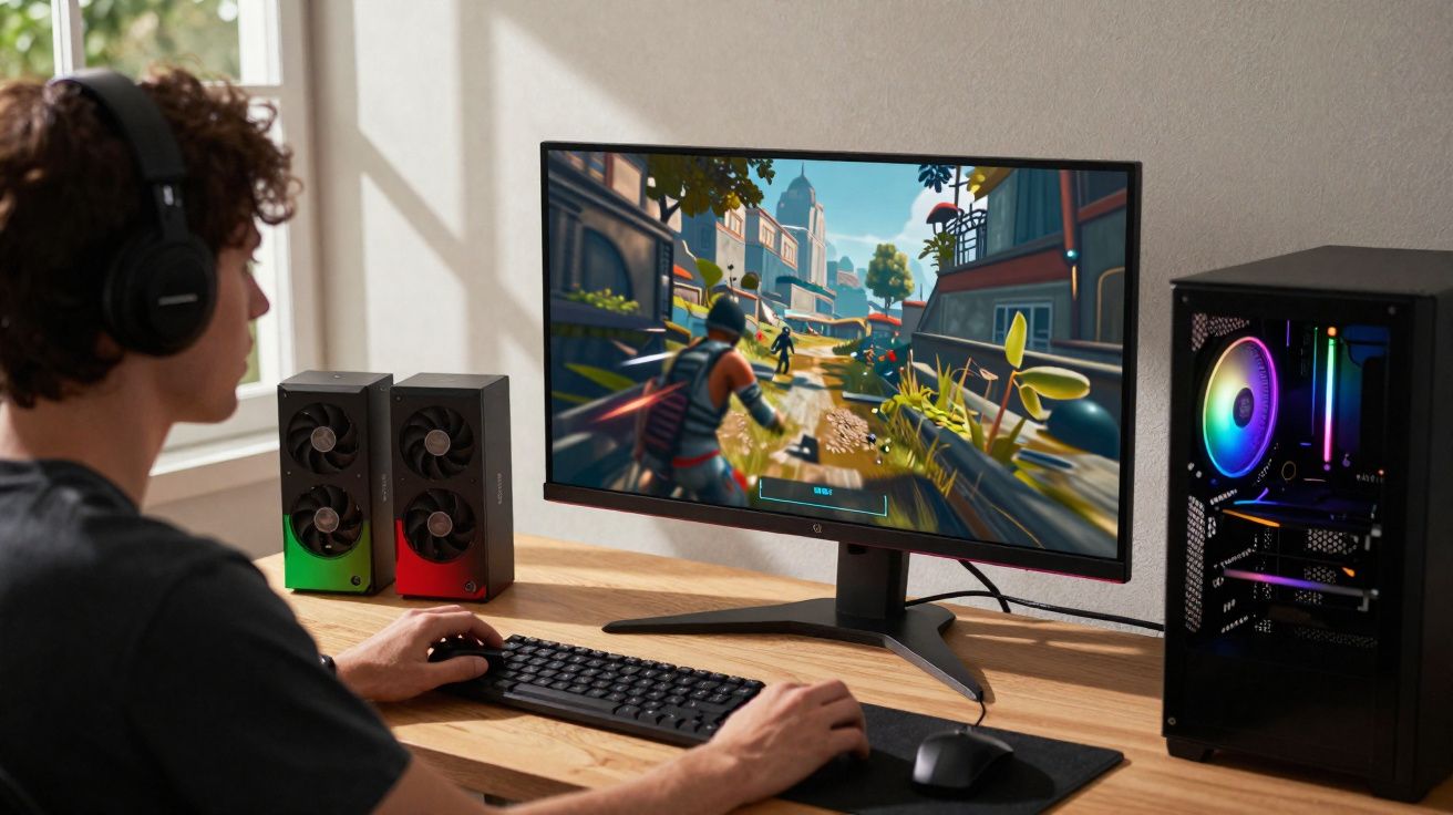 Jovem usando fones jogando videogame em PC com monitor grande e placa de vídeo RGB em mesa clara.
