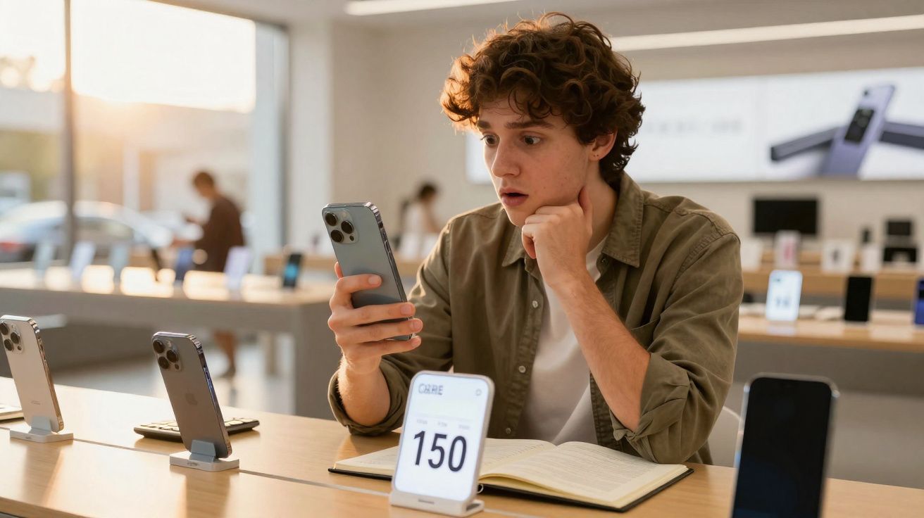 Jovem surpreso mexendo em smartphone em loja de eletrônicos, com caderno aberto à sua frente.