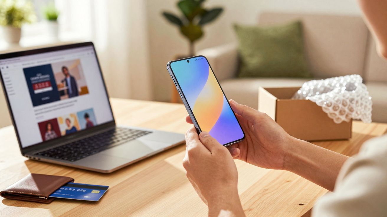 Pessoa segurando smartphone com tela colorida, ao lado de notebook, carteira e cartão em mesa de madeira.
