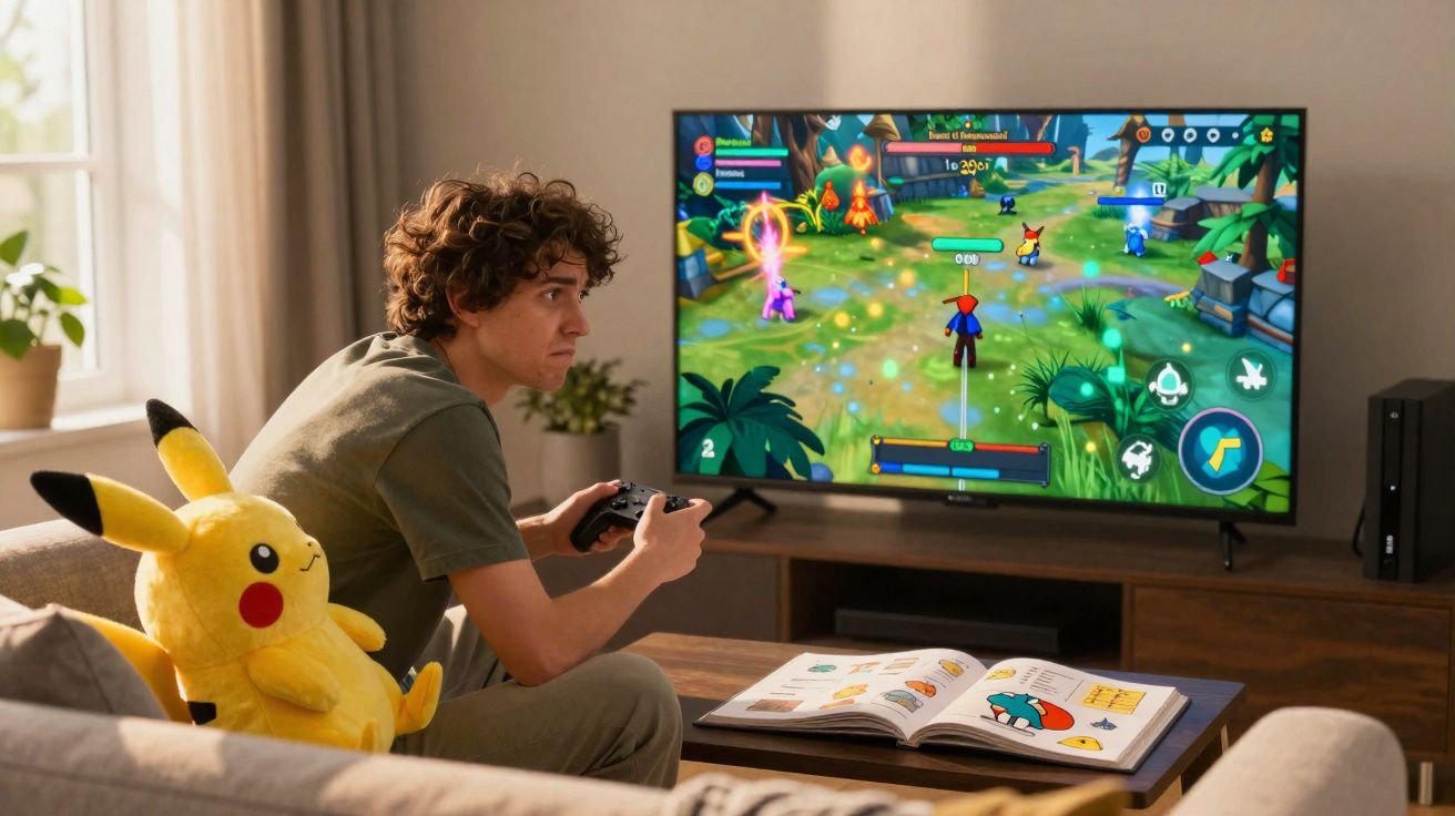 Jovem jogando videogame de ação na sala com controle nas mãos e pelúcia do Pikachu no sofá.