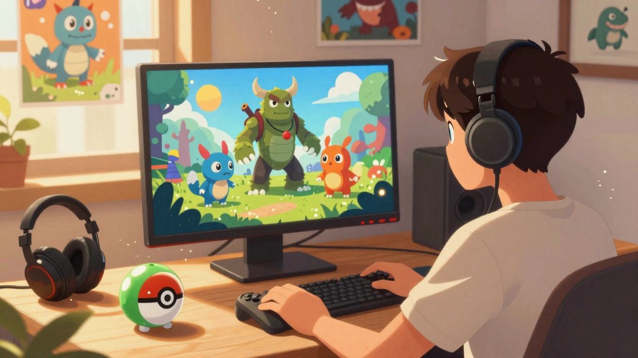 Garoto jogando jogo de monstros coloridos em computador com fones em mesa organizada.