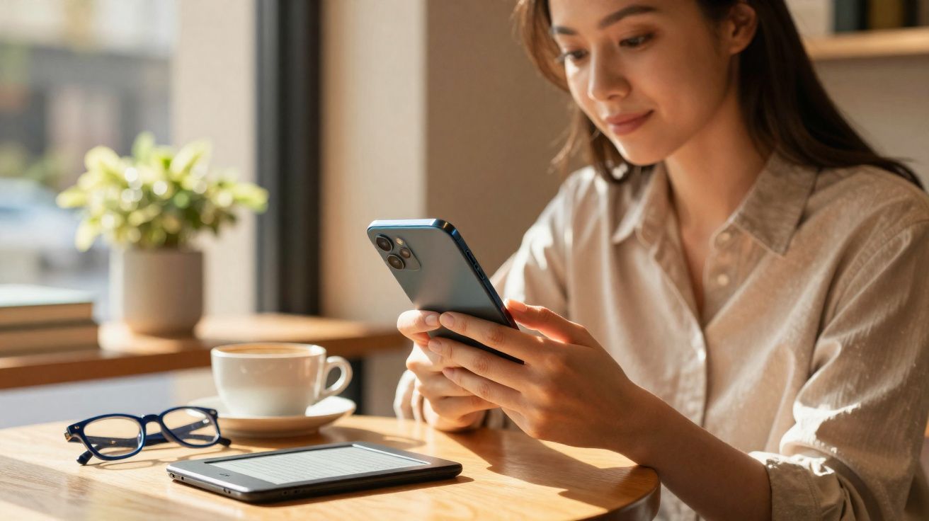 Mulher sorridente usando smartphone sentada em mesa com xícara, óculos e tablet em ambiente iluminado.