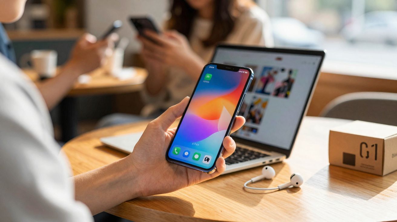 Pessoa segurando smartphone com tela colorida, laptop, fones e caixa sobre mesa de madeira em ambiente informal.