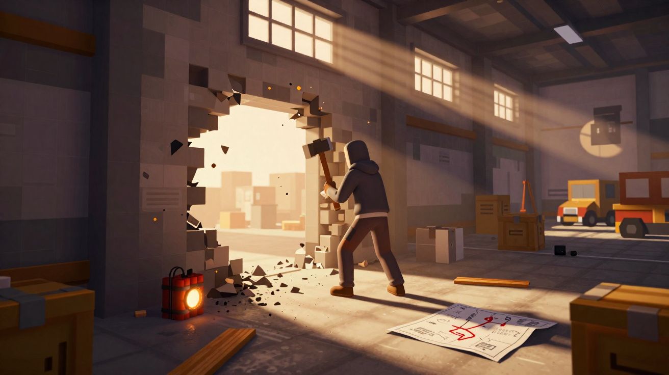 Pessoa com capuz quebrando parede de depósito com marreta em galpão iluminado por luz natural.