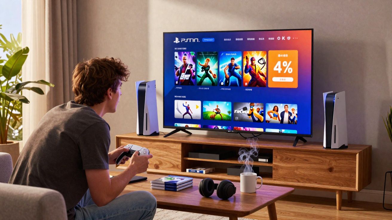 Homem jogando videogame em sala com TV, consoles PlayStation 5 e controle na mão.