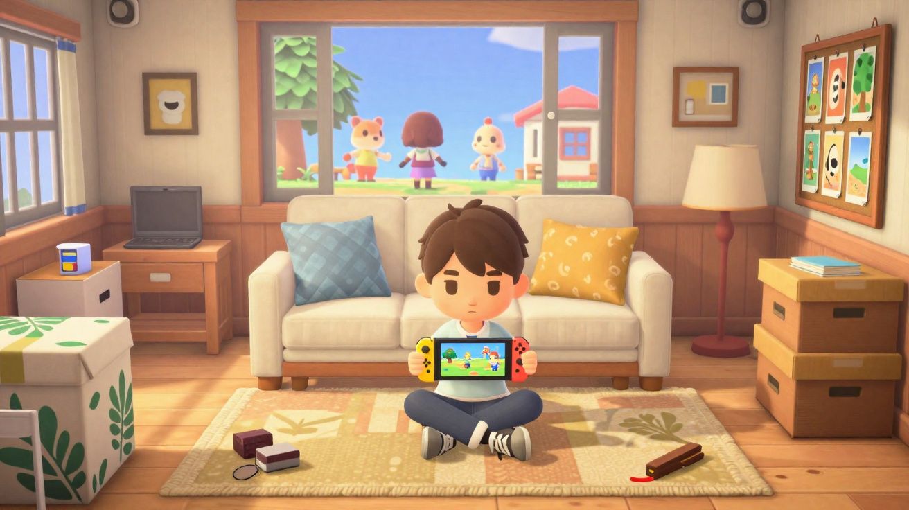 Garoto sentado no chão da sala jogando videogame com personagens animados vistos pela janela.