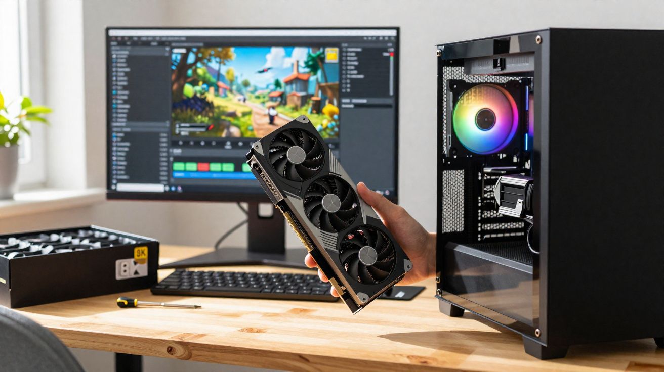 Pessoa segurando placa de vídeo perto de computador desktop aberto em mesa de madeira com monitor ligado.