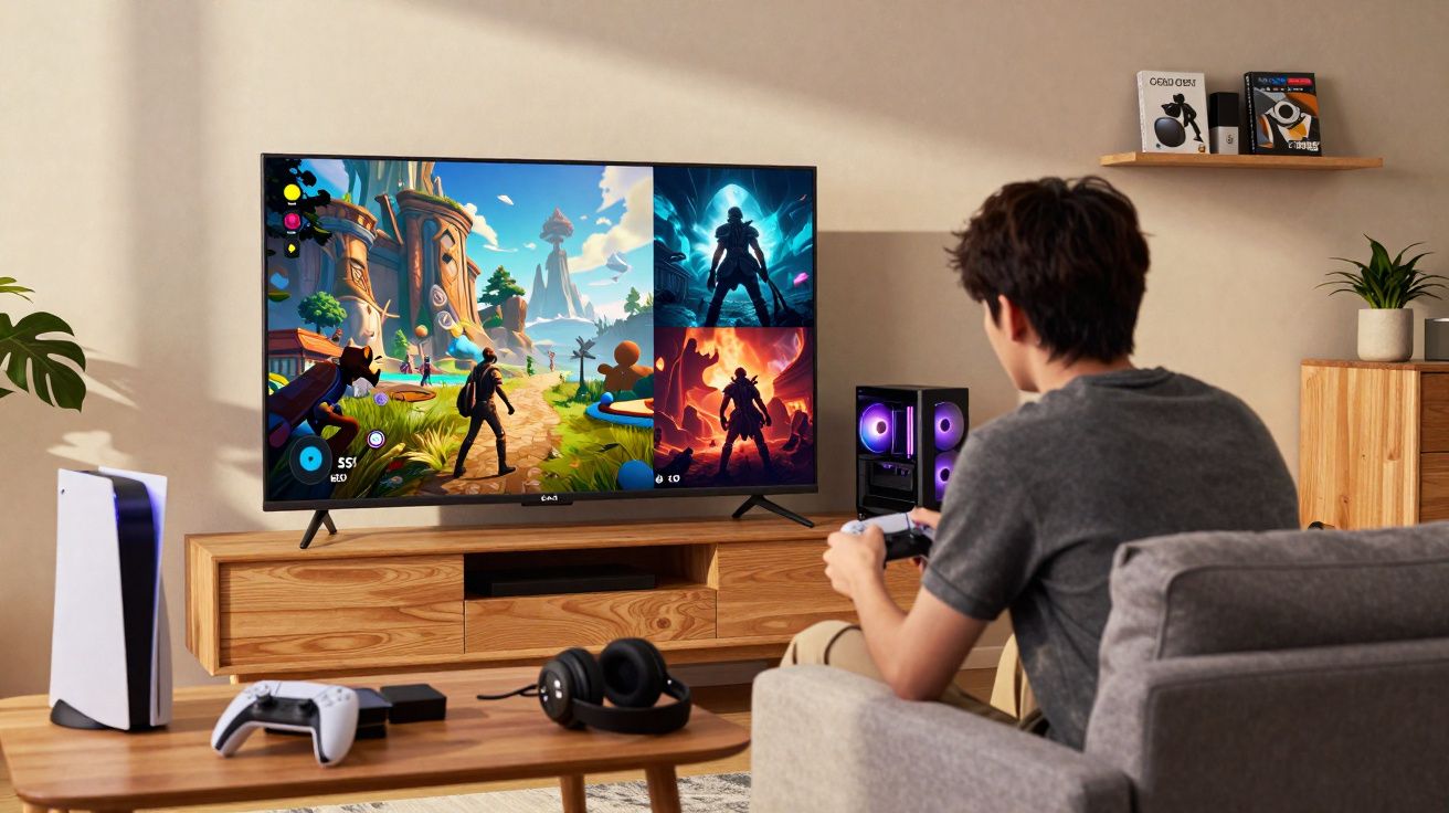 Jovem sentado no sofá jogando videogame em TV grande, com console e controles próximos.