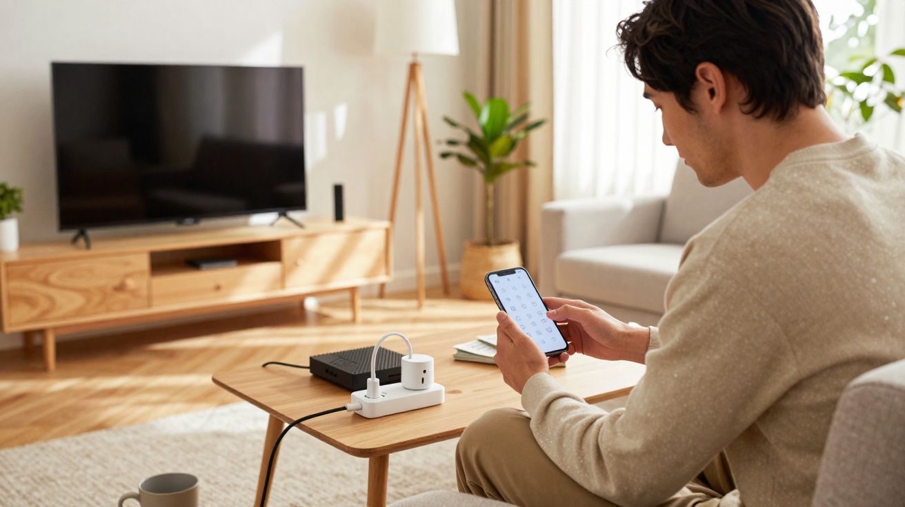 Homem sentado em sofá utilizando smartphone em sala com mesa e TV desligada.