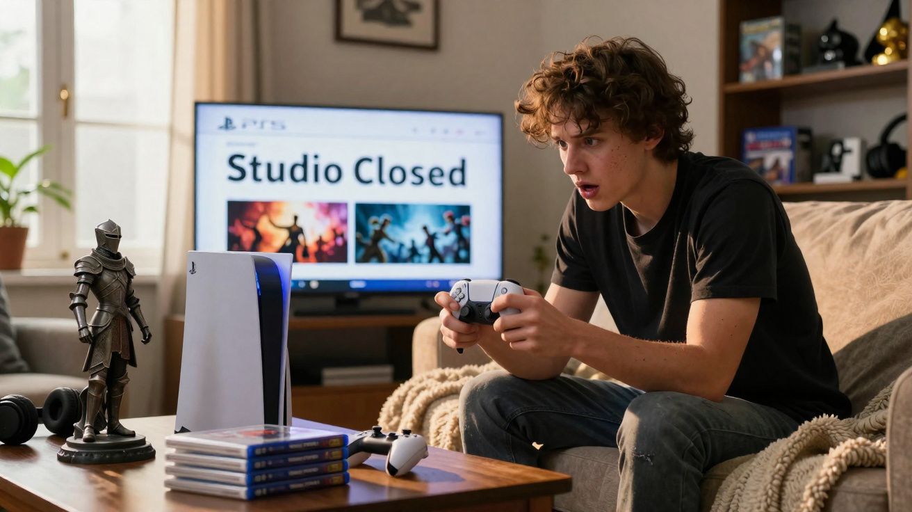 Jovem jogando videogame em casa, TV mostra mensagem "Studio Closed" ao fundo.