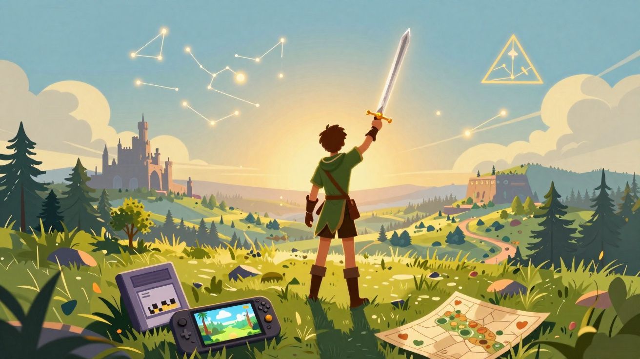 Jovem com espada erguida em cenário medieval com castelos, mapas e consoles de videogame no campo ao amanhecer.