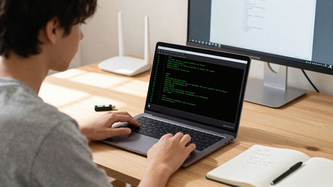 Pessoa programando em laptop com código e monitor externo em mesa de madeira iluminada.