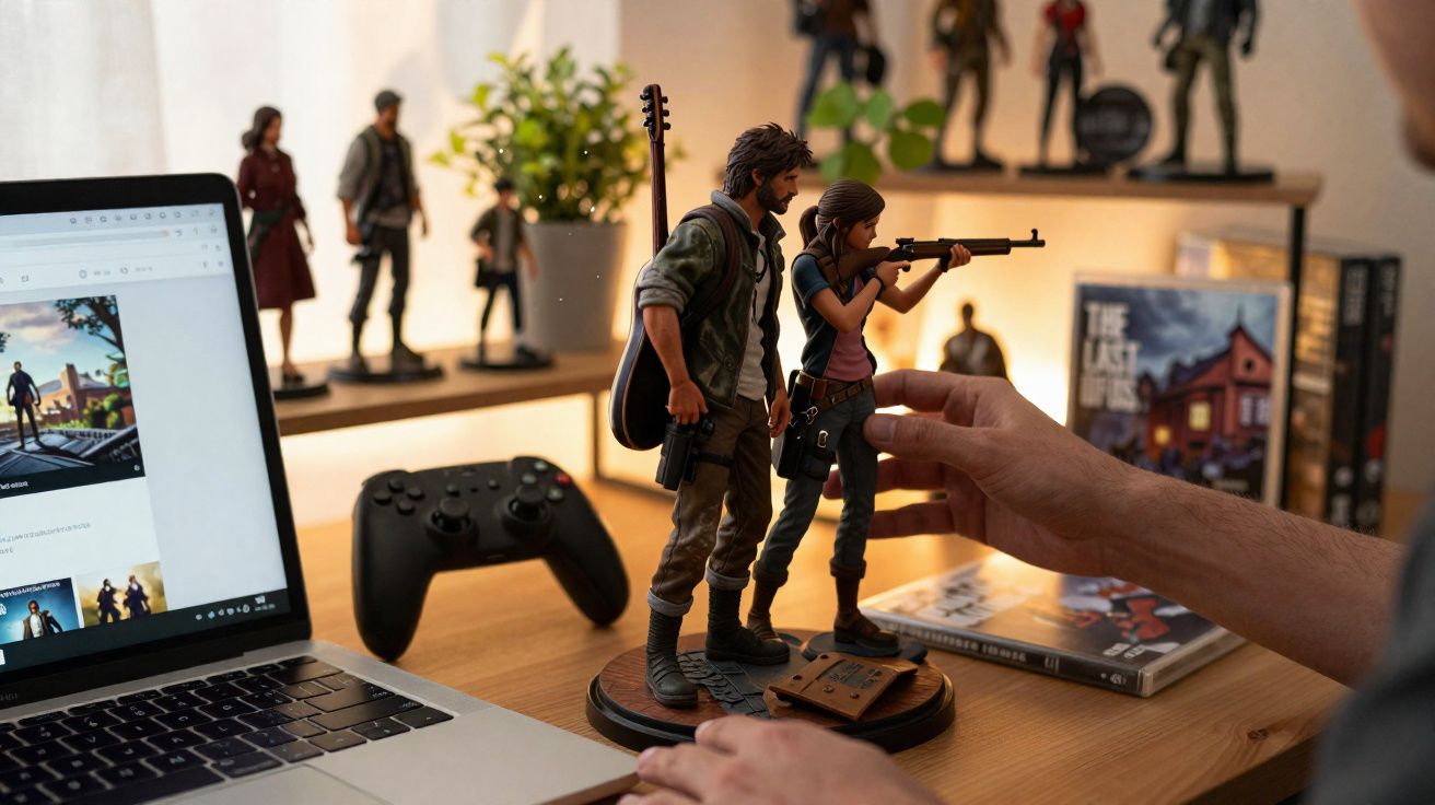 Mão segurando figura colecionável de personagens de jogo ao lado de notebook e controle de videogame.