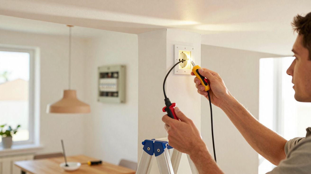 Homem usando ferramenta de teste elétrico em tomada dentro de casa, em uma escada.