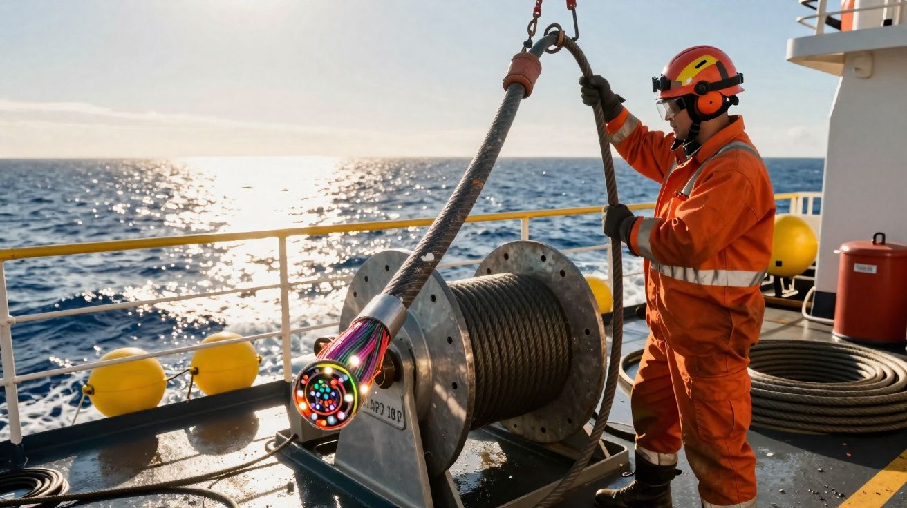 Trabalhador em roupa de segurança segurando cabo de fibra óptica colorida em navio no mar ao pôr do sol.