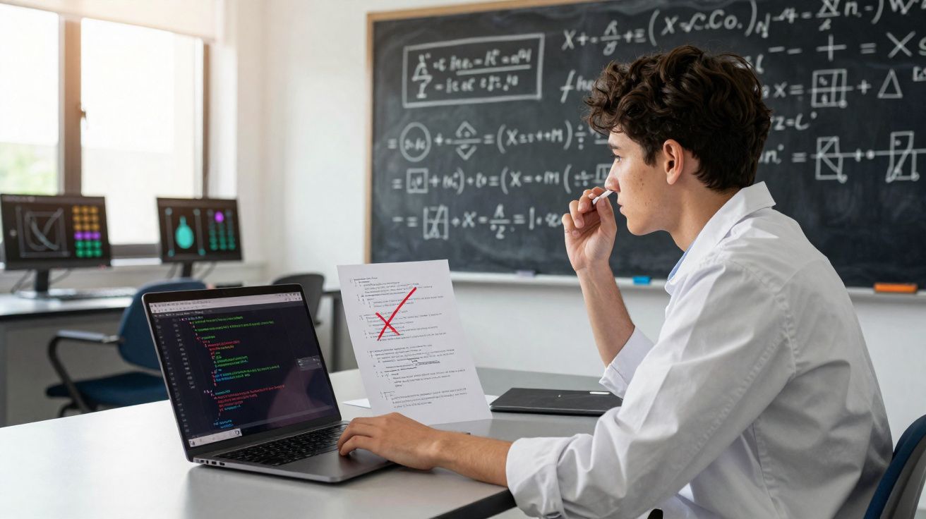 Jovem pensativo com jaleco branco em sala com quadro negro, laptop e papel com correção em vermelho.