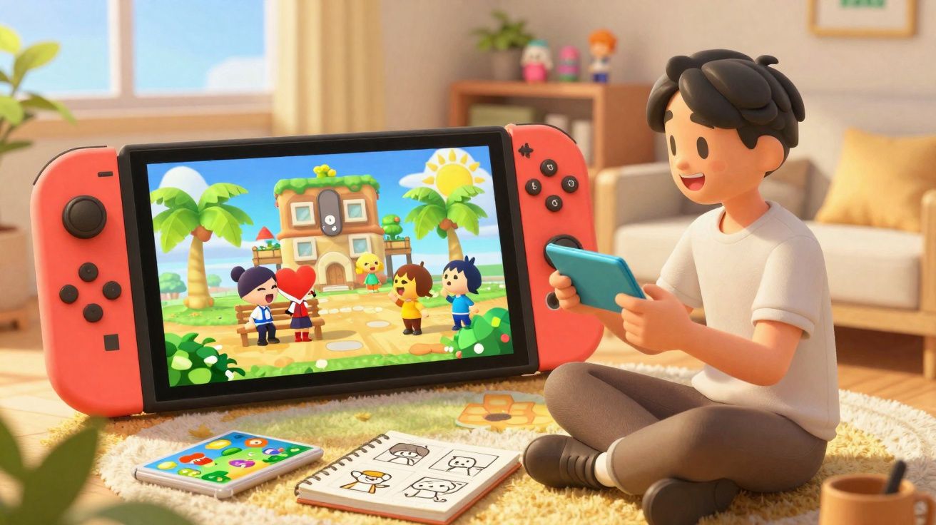 Pessoa sentada jogando videogame em ambiente confortável, com desenho animado na tela ao fundo.