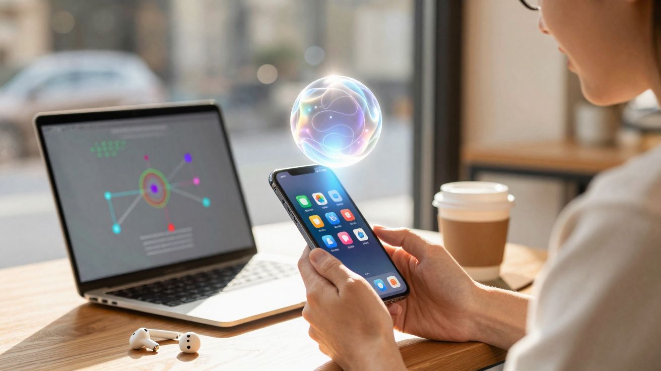 Pessoa segurando smartphone com holograma de esfera brilhante, perto de laptop e copo de café em mesa.