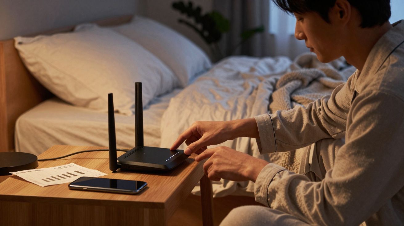 Homem em pijama ajusta roteador Wi-Fi em mesa ao lado da cama em quarto aconchegante.